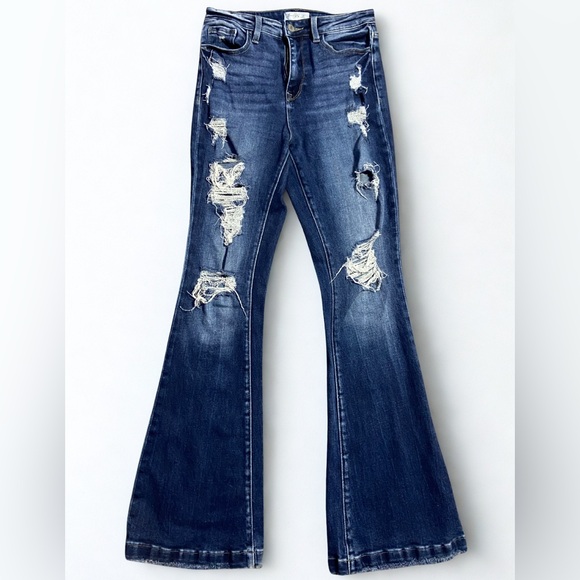 Bailey Made Denim - Distressed Flare High Waist Women’s Jeans - Dark Blue Size 7 | inseam 34 | 👍